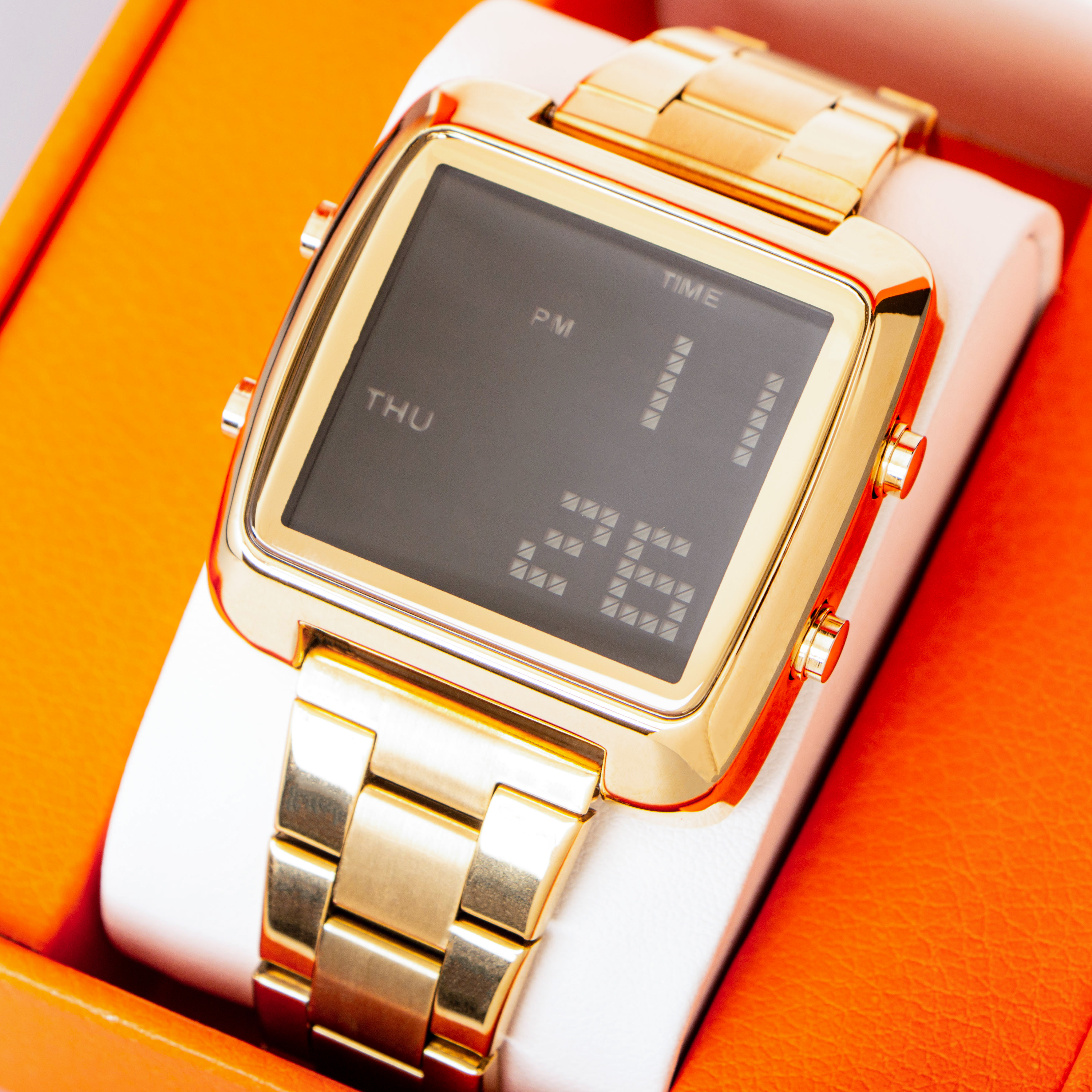 Multifunction LED Watch Stainless Steel Band Stopwatch Calendar Alarm Hourly Chime