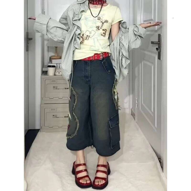 2025 Designer Jeans 2025 Fall Winter American Retro Plus Graffiti Printed Jeans Women y2k Removable Oversized Street Clothing Girl Fashion