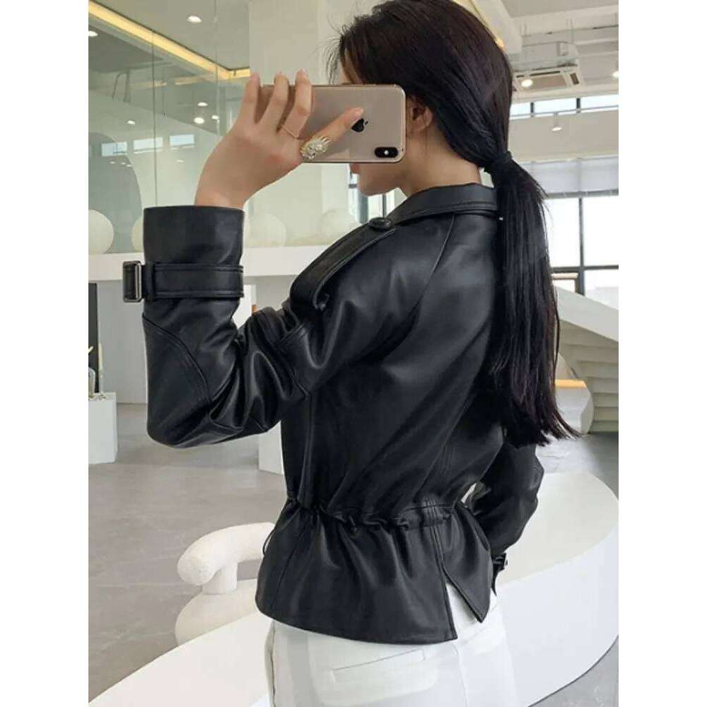 Office Ladies Genuine Leather Jacket Adjustable Waist Slim Fit Sheepskin Short Coat Women Single Breasted Punk Biker Outerwear