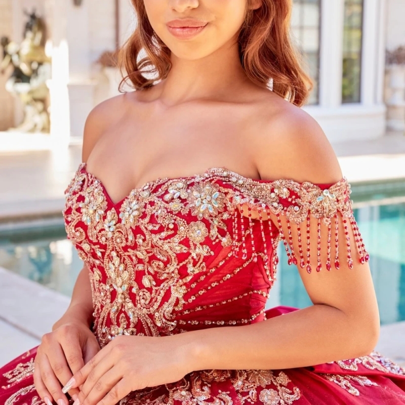 Red Shiny Quinceanera Dresses Ball Gown Gold Lace Applique Beading Crystal Bow Tull Corset Sweet 16 Dress Vestido De 15 Anos