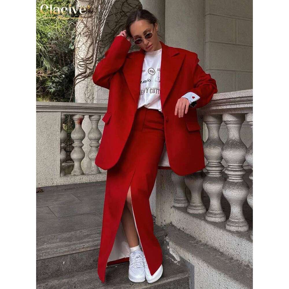 Clacive Fashion Loose Red Office Women's Two Pieces Elegant Sleeve Blazer With High Waist Slit Long Skirt Set Female