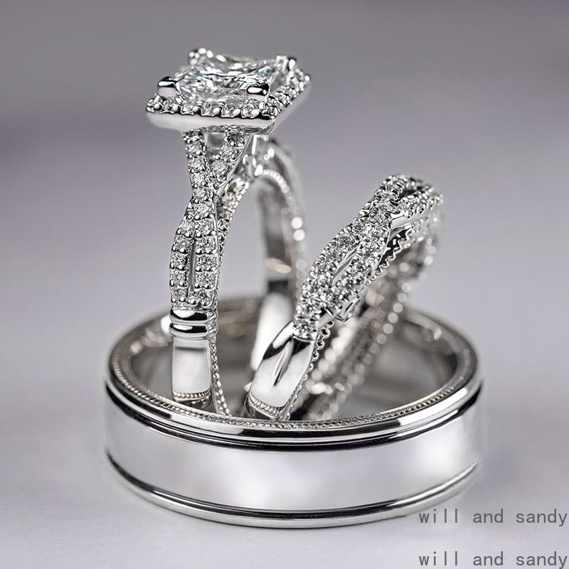 Couple Cubic Zirconia Diamond Rings Engagement Wed Ring Band Charm Sterling Silver Plated Designer Jewelry Set for Women Man Gift Mother Birthday Vale