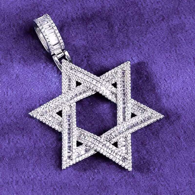 Hip Hop Iced Out 925 Sterling Silver Pass Diamond Tester VVS Baguette Moissanite Hexagram Star of David Pendant for Men