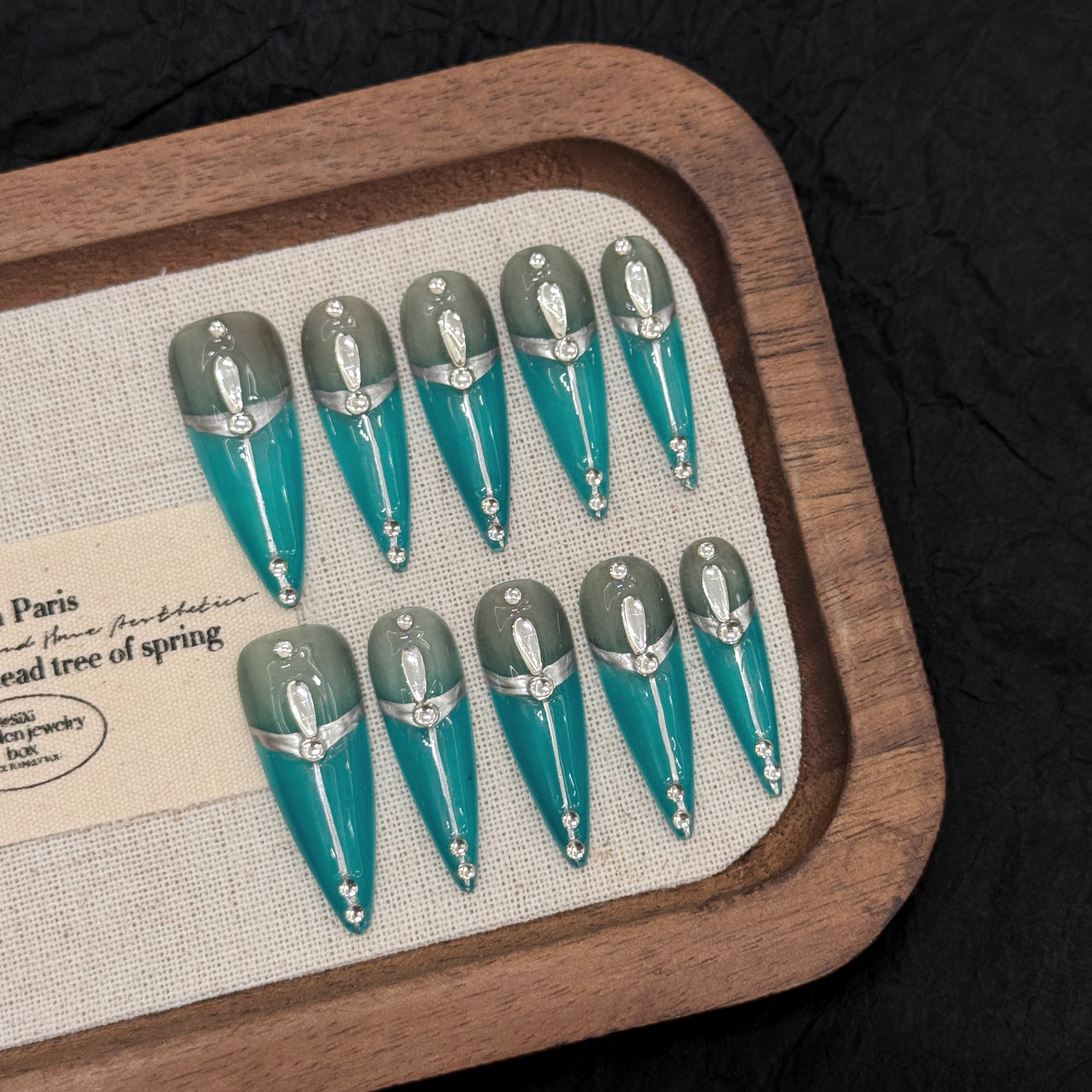 Cyberpunk-Inspired Turquoise & Olive Green Gradient Nails with Sparkling Rhinestones