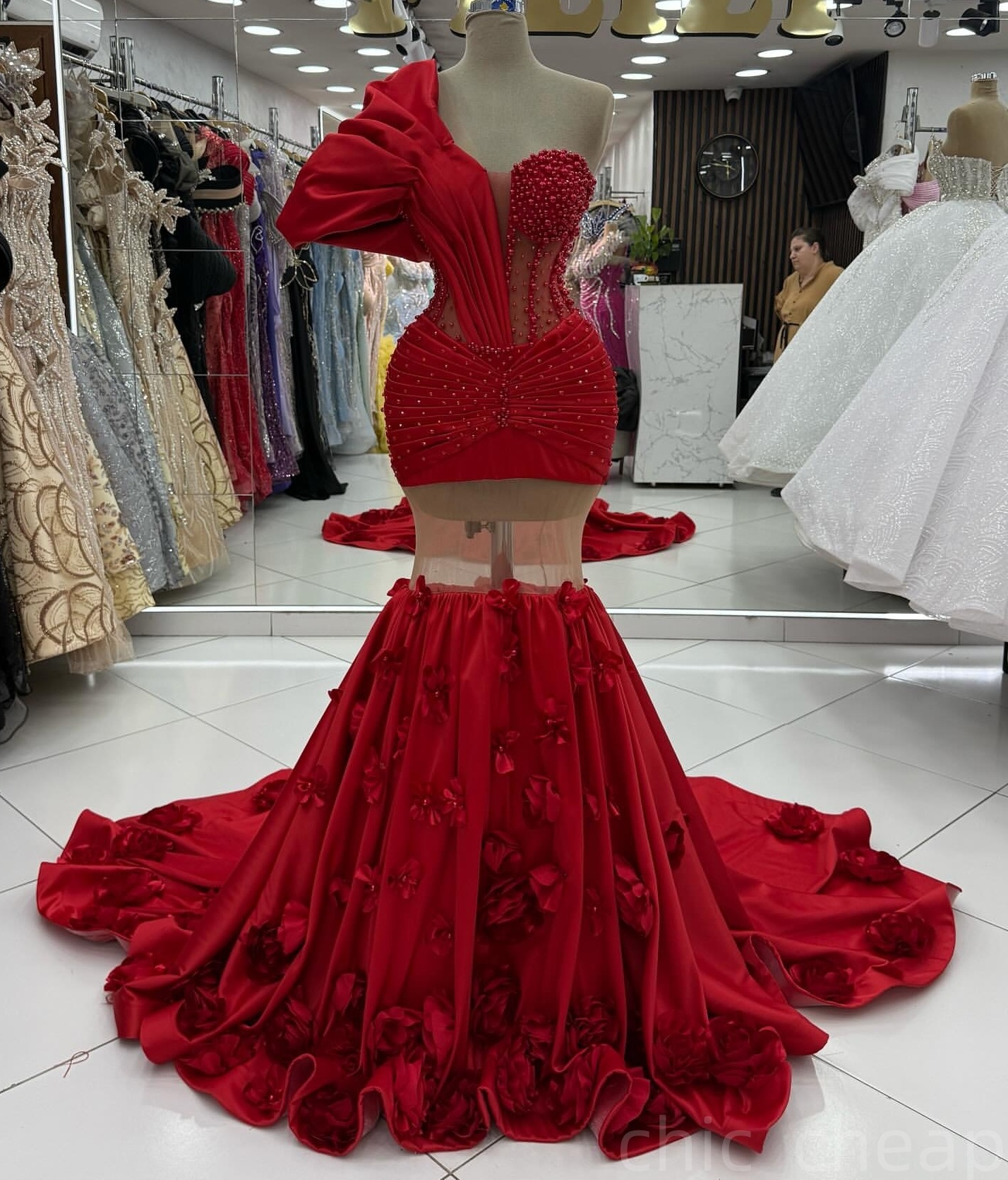 Red Mermaid Prom Dresses 2025 Pearls Beaded Flowers Satin One Shoulder Evening Formal Party Second Birthday Engagement Gowns Plus Size Dress For Speci