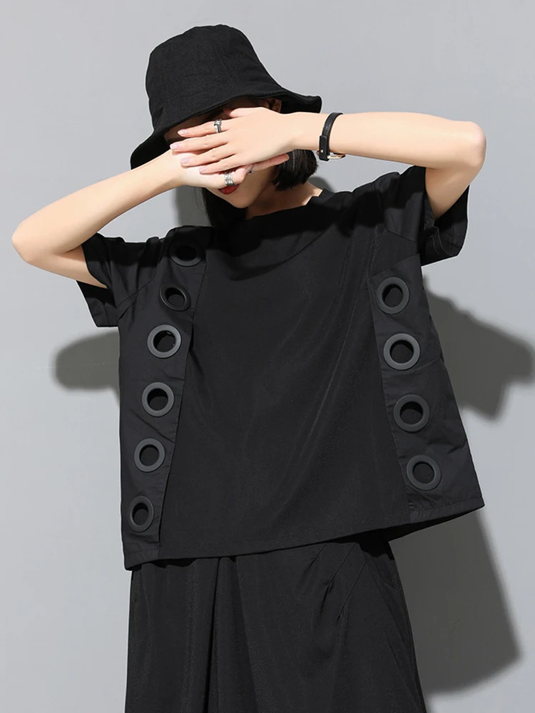 EAM Women Black Hollow Out Spliced Casual Big Size T-shirt Round Neck Short Sleeve Fashion Spring Summer 1DF4780 250614CJ