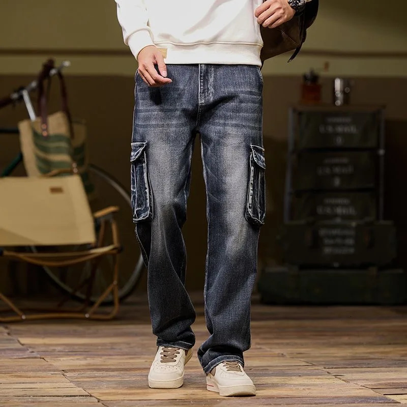 High Street Trendy Multi Pocket Denim Pants Men American Vintage Jeans Oversized Loose Fat Straight Trouser Cargo Pant Versatile 250624