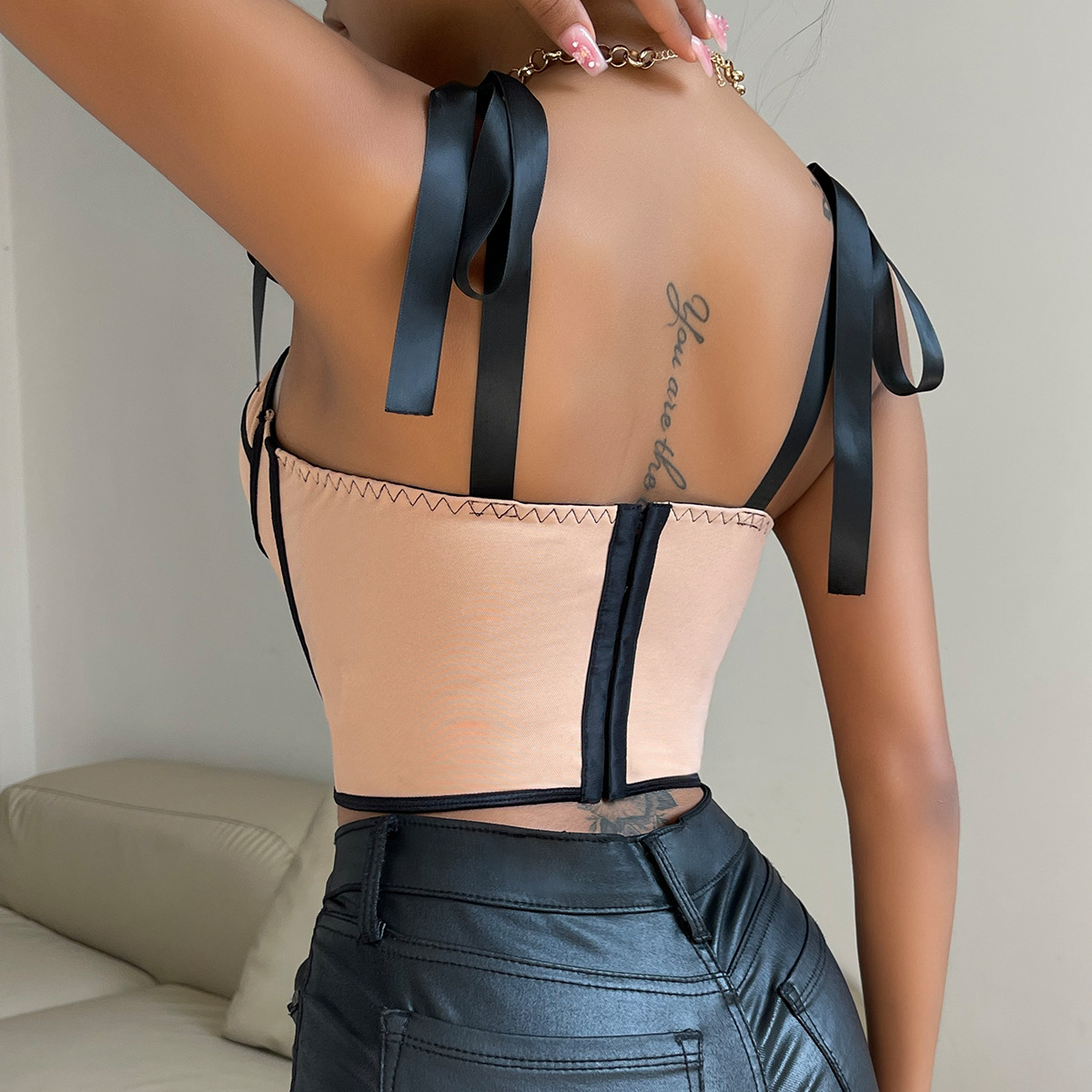 Women's Tanks European and American style design sexy spicy girl ribbon strap fishbone suspender vest