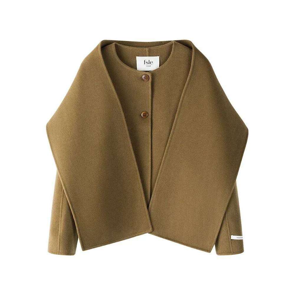FSLE 100% Camel Color Scarf Collar Coat For Women 89.3% Wool 10.7% Lyocell Beige Round Neck Short Female Woolen Coats