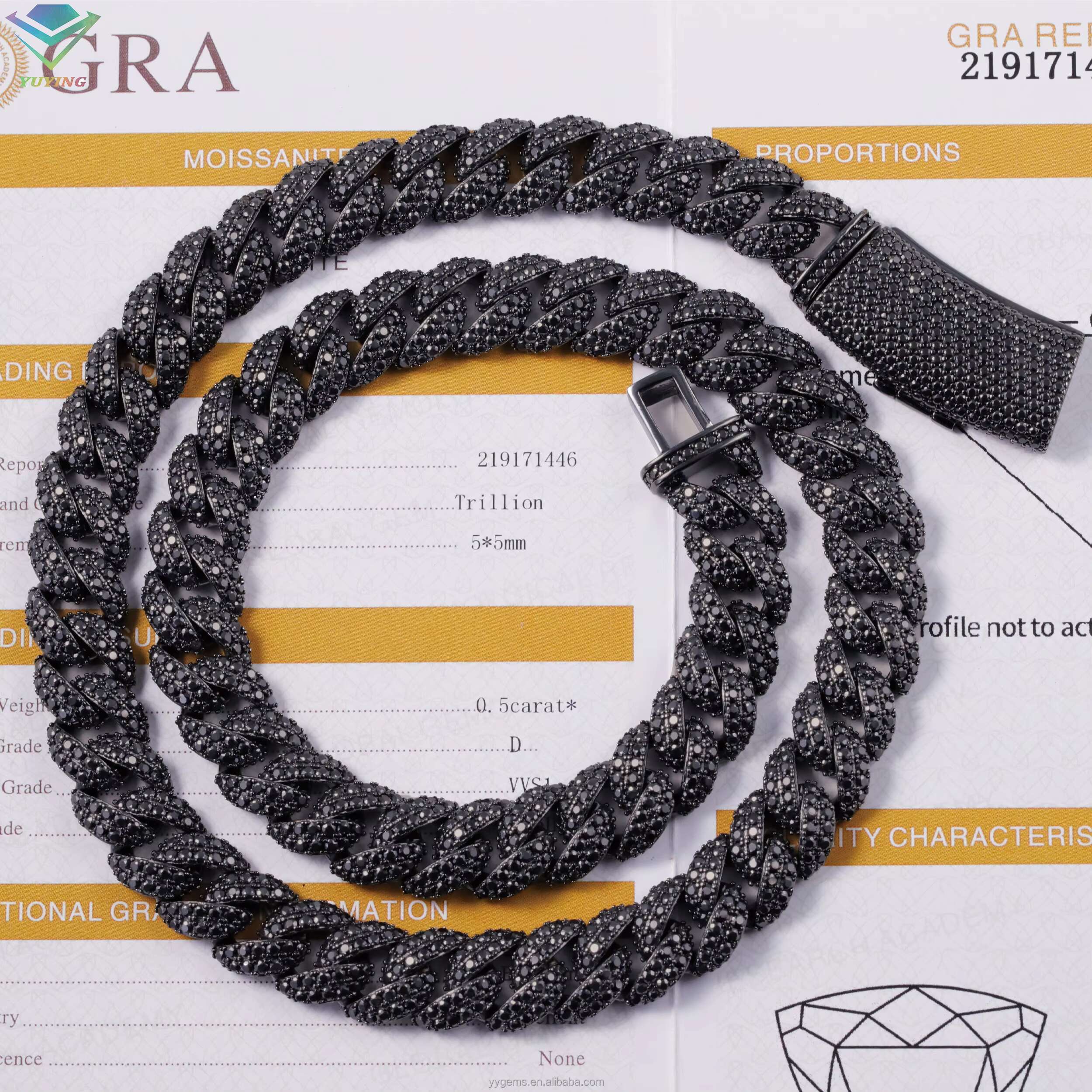 Black Diamond Necklace Bracelet 13mm S925 Silver Iced Out VVS Moissanite Diamond Link Chain with GRA Certificate