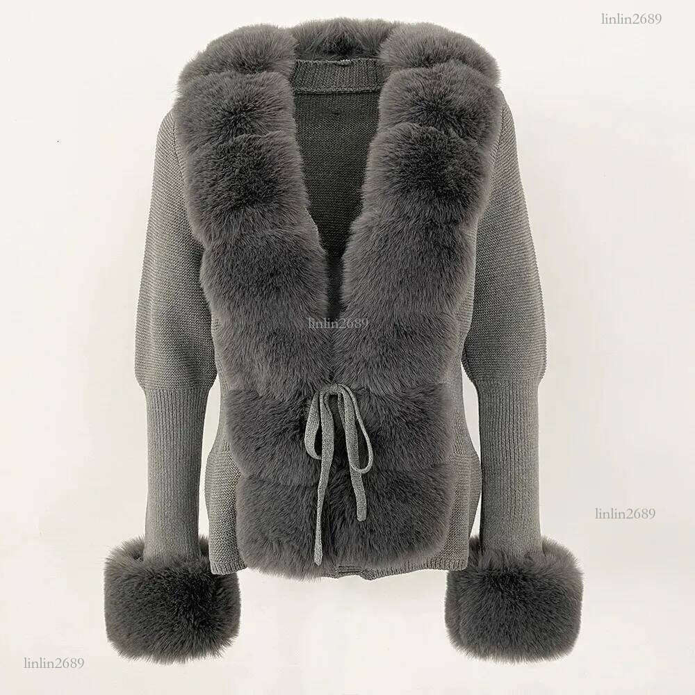 Faux Fur Coat Patchwork Knit Sweater Bandage Fur Cardigan Detachable Collar Jacket Autumnwinter Womens Faux Fur Coat 241115