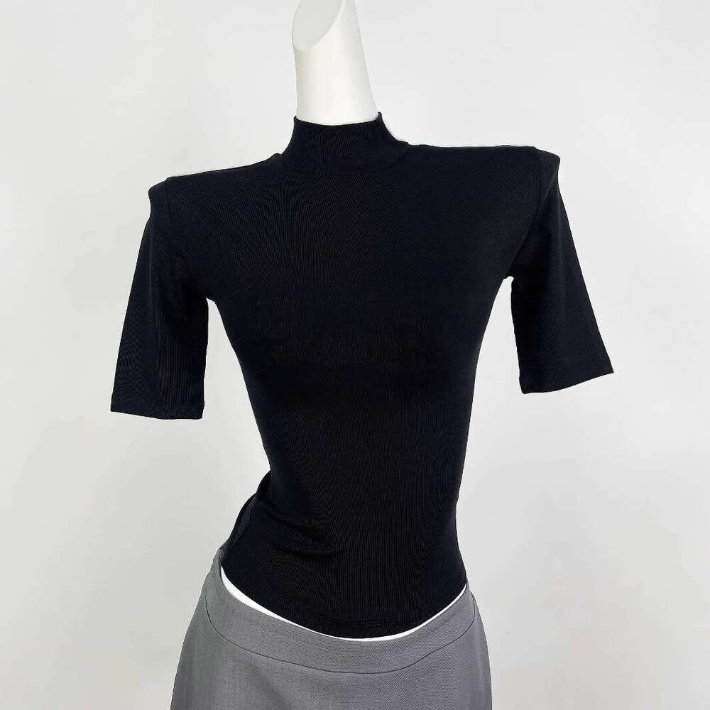 Tencel Lycra Skin-Friendly High Neck Regular Shoulder Five-Quarter Sleeve T-Shirt Slim Fit Thin Base Summer Top B5