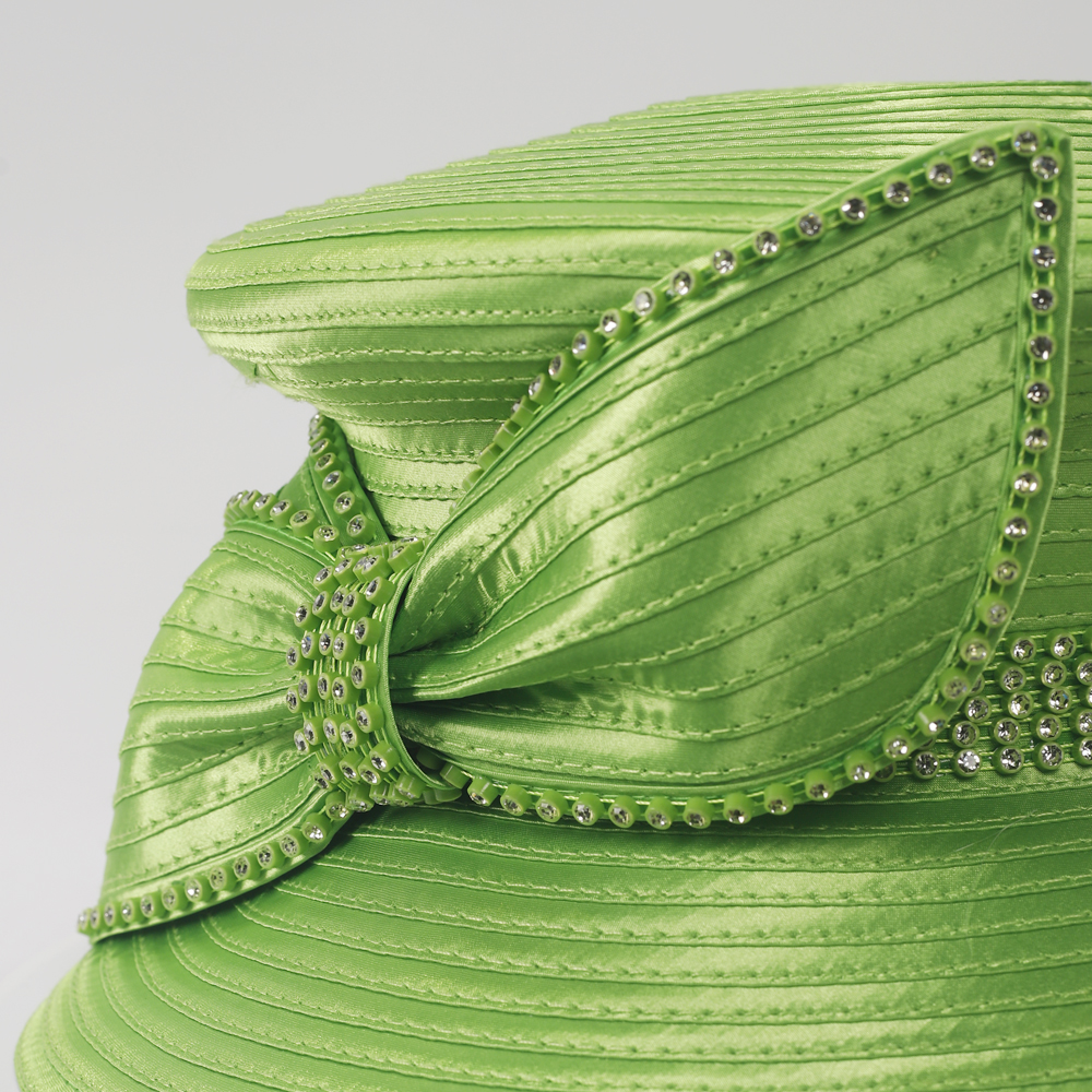 Elegant Lime Green Church Hat for Women - Wide Brim Satin Derby Hat with Crystal Trim for Wedding, Tea Party, and Sunday Service