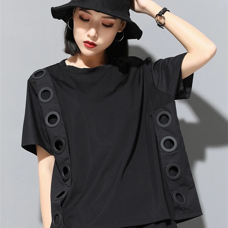 EAM Women Black Hollow Out Spliced Casual Big Size T-shirt Round Neck Short Sleeve Fashion Spring Summer 1DF4780 250614CJ