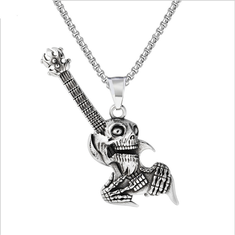 New Style Hot Sale European and American Punk Retro Skeleton Rock Guitar Men's Titanium Steel Stainless Steel Pendant Necklace