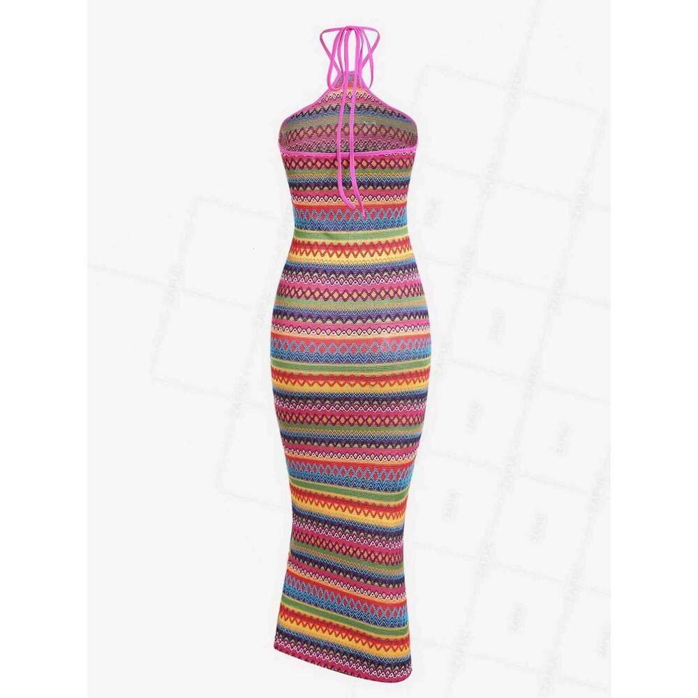 ZAFUL Women's Sexy Halter Tied Open Back Colorful Rainbow Zig Zag Stripes Knit Slinky Midi Dress Long ethnic dress 2024 NEW