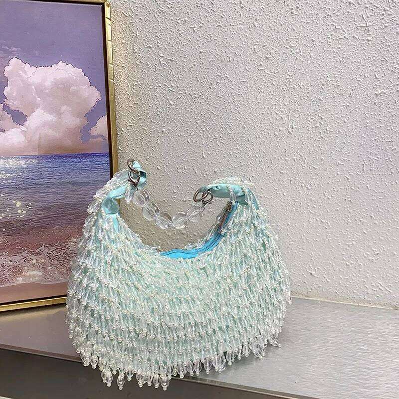 FIRMRANCH Summer Fresh Sweet Light Blue Handmade Beaded Fringe Design Elegant Lady's Dinner Bag Chic Evening Dress Purse Hobos
