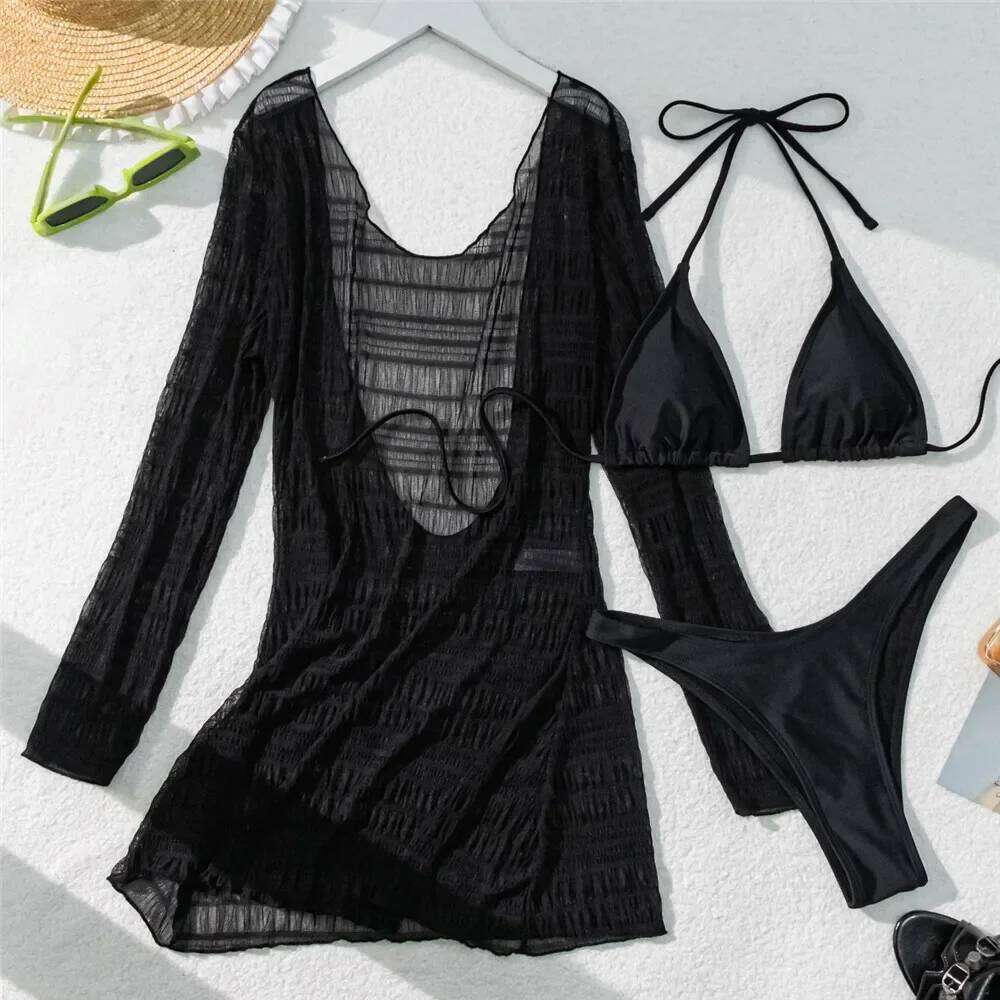 Black String Halter Triangle Bikinis Sets 2025 Sexy Swimsuit Cover Ups Women Backless Dresses Swimwear Bathing Suit Beach Wear