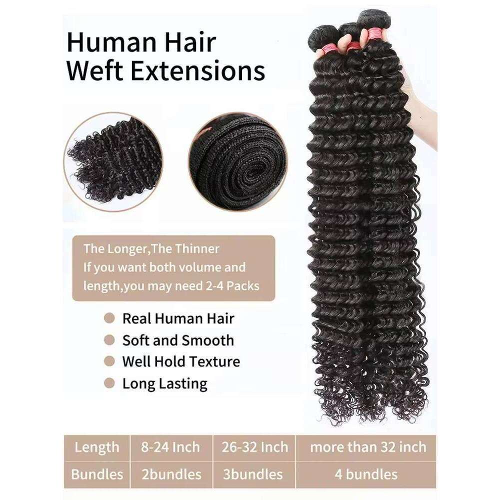 30 32 40 Inch Deep Wave Human Bundles Brazilian Virgin Remy Unprocessed Weaving Curly Hair Double Weft Drawn Extension