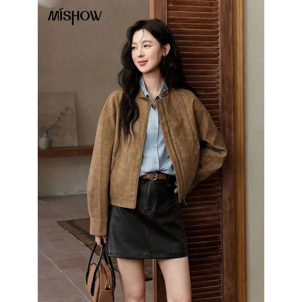 MISHOW Suede Short Jacket for Women Autumn Stand Collar Versatile Coats Bronze Metal Zipper Loose Top Streetwear MXD46W0483