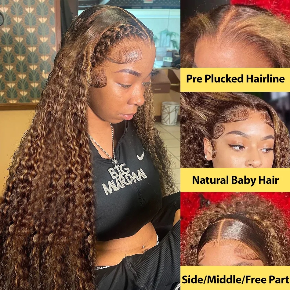 30 34 Inch Highlight Ombre HD Lace Frontal Wig Water Curly Human Hair Wigs 250 Density 13x4 Deep Wave Color Lace Front Wig Synthetic