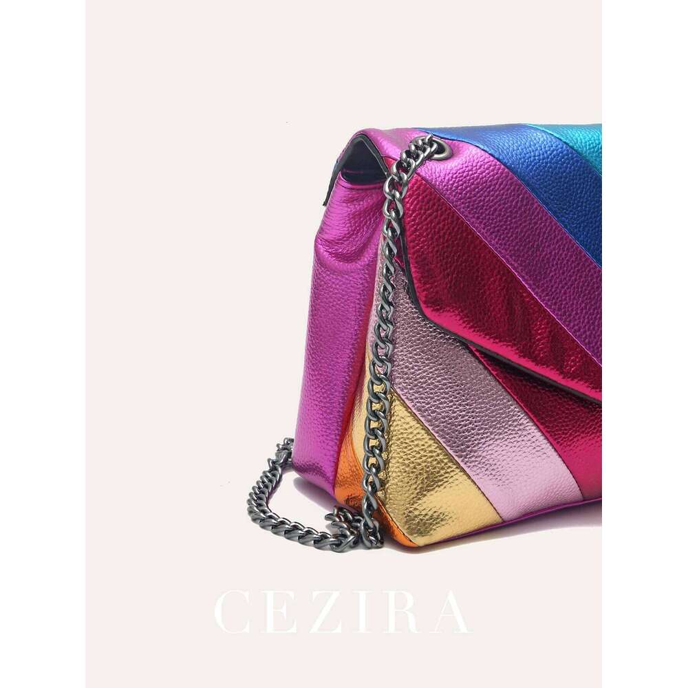 CEZIRA Metallic PU Leather Flap Shoulder Bag For Women Colorful Stripes Patchwork Chain Cross Body Handbag Daily Casual