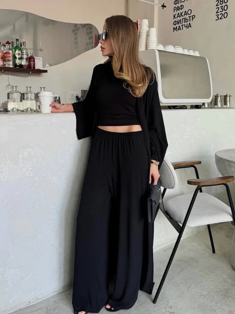 Women Casual Pants Suit Slimfitting Shirt Long Sleeves Floorlength Trousers Threepieces Set 2025 Fashion Loose Street Wear 250616