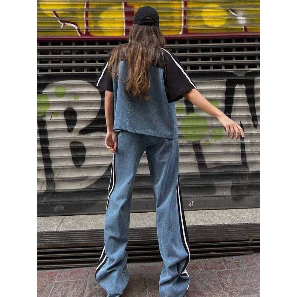 Women's Sporty Style Denim Pants Set White-Contrast Jacket Matching High Waist Side Stripes Jeans New Casual Streetwear