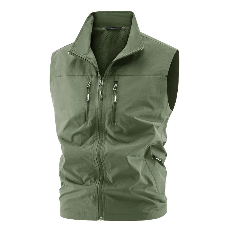 Men Stand Collar Fishing Vest Summer Outdoor Leisure Pography Vest Clothes Loose Solid Color Mens Multi-pocket Tooling Vest 250617
