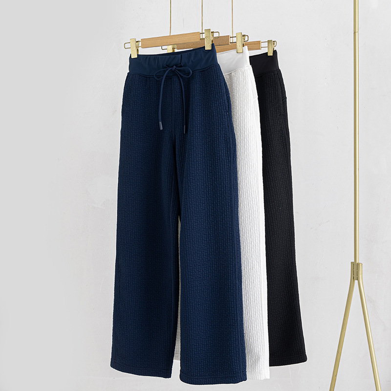 New Style Waffle White Texture Women's Long Drawstring Wide-leg Pants Sports Casual Loose Straight-leg Draped