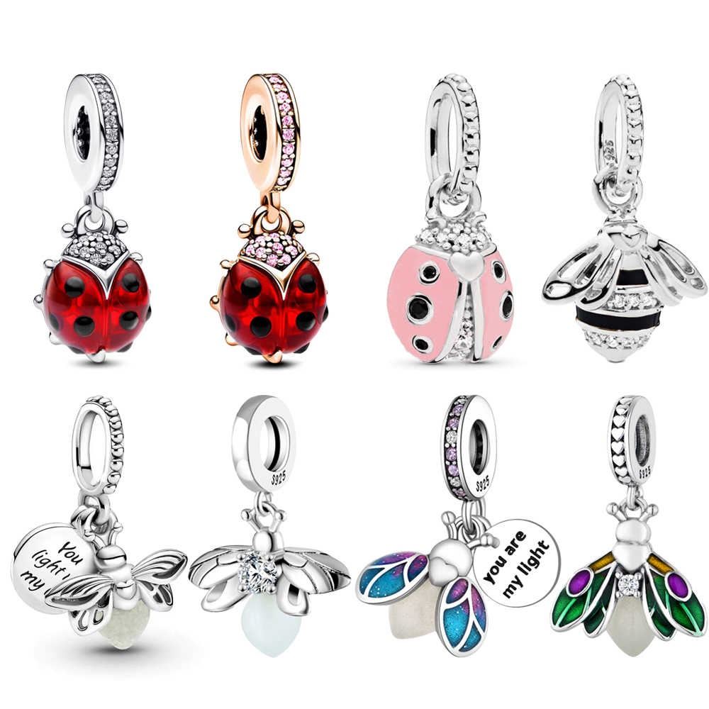 FewDook NEW Silver Plated Glow-in-the-dark Firefly & Seven-spotted Ladybug Dangle Charm Bead Fit Original Pan Bracelet DIY Fine Jewelry Gift 2025