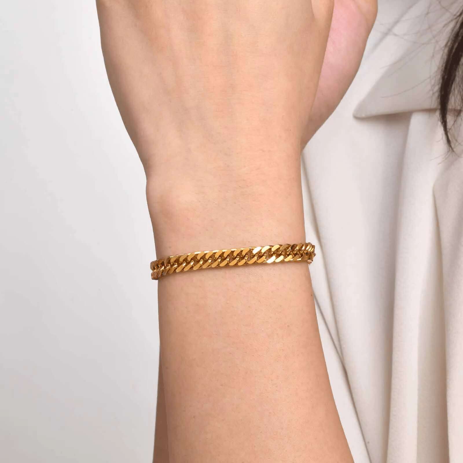 Unisex Stainless Steel Punk Hip Hop Chain Bracelet Double Cuban Link 18K Gold Tone Mens Streetwear Fashion Accessories Mens