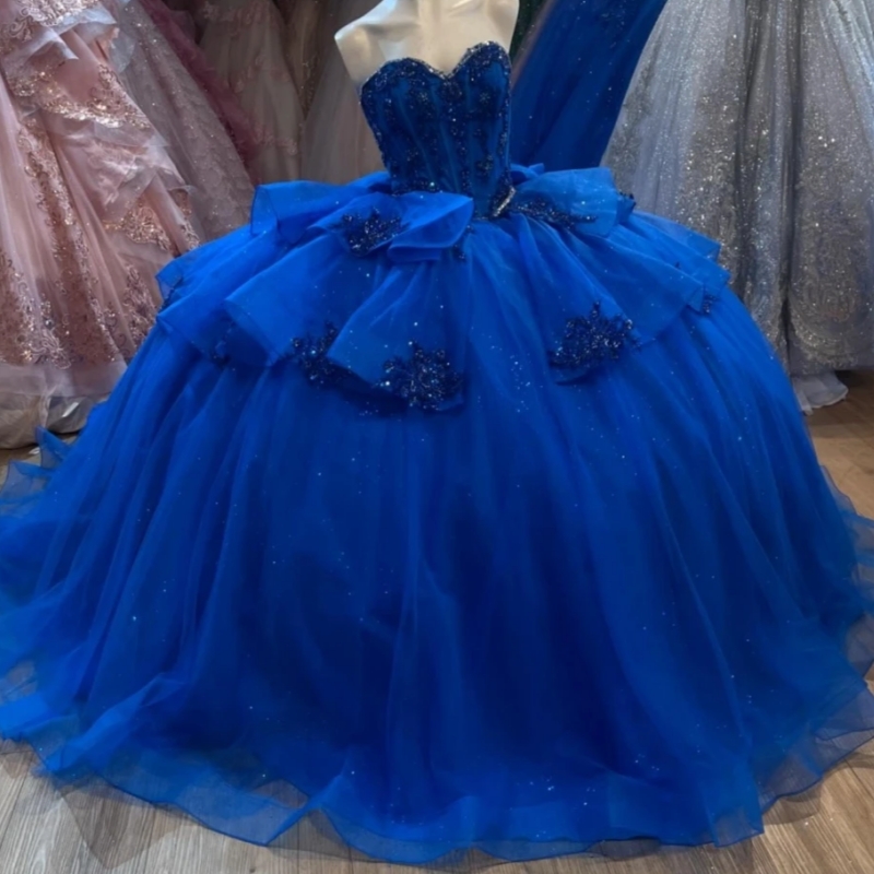 Royal Blue Glitter Quinceanera Dresses Ball Gown Lace Applique Beading Tiered Tull Bow Sweet 16 Dress Vestido De 15 Anos