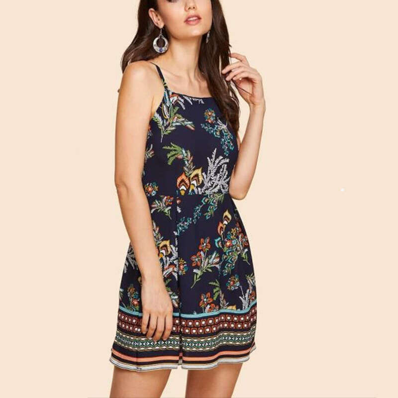 Summer 2019 Printed Strap Dress British Style Women's Fashion B5