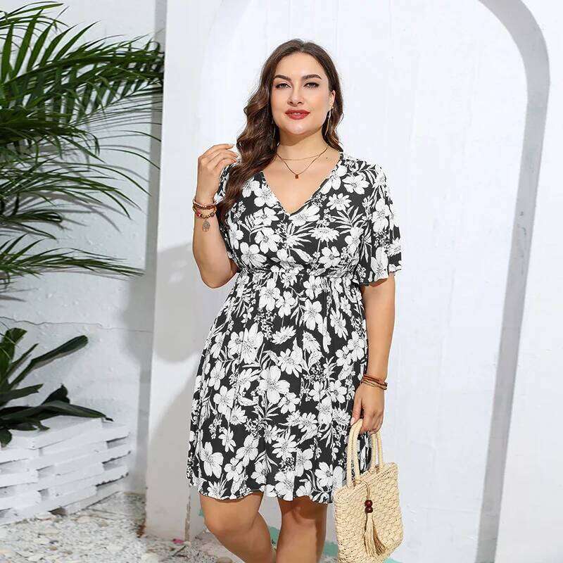 Plus size Hot selling oversized geometric pattern printed dress, casual loose V-neck midi skirt