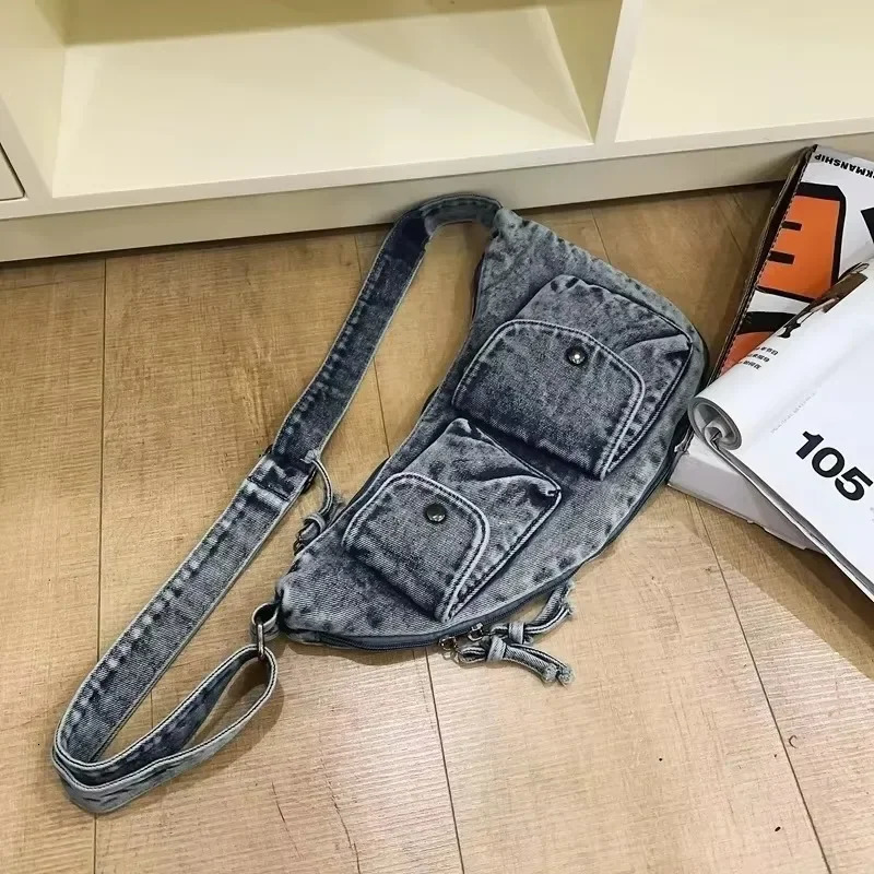 Denim Solid Color Product Waist Bag Zipper Neutral Style Simple Casual Chest Bag Soft Versatile Crossbody Bag 250623