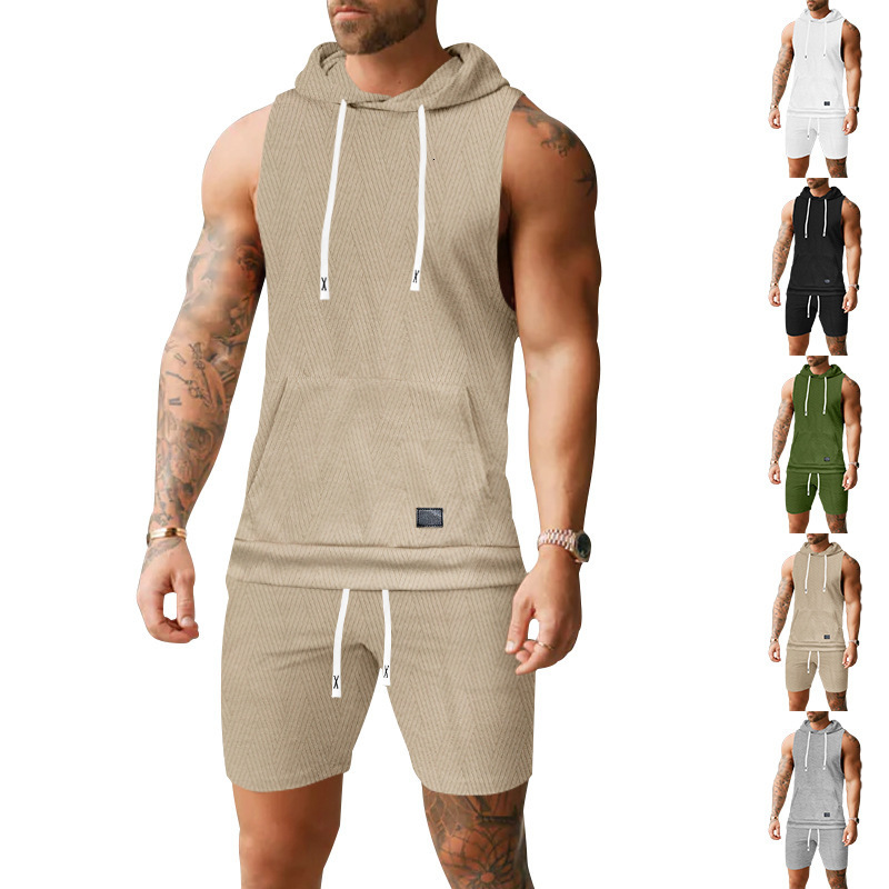 Designer men's sporty sleeveless solid color jacquard knitted hooded sleeveless European and American casual vest and shorts set