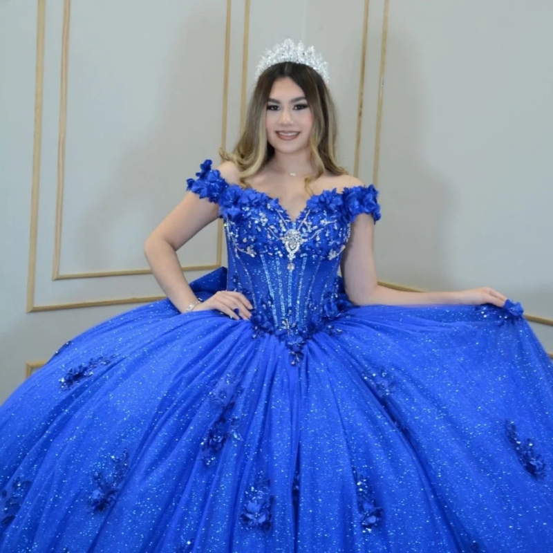 2025 Royal Blue Shiny Quinceanera Dresses Ball Gown Floral Applique Beading Crystal Tull Bow Sweet 16 Vestidos De 15 Anos