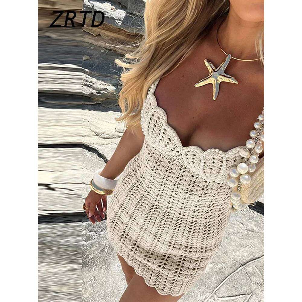 Sexy Knit Short Hollow Out Beach Dress Pearls V-Neck Sleeveless Female Sling Dresses 2025 Spring Summer Lady Vacation Vestidos