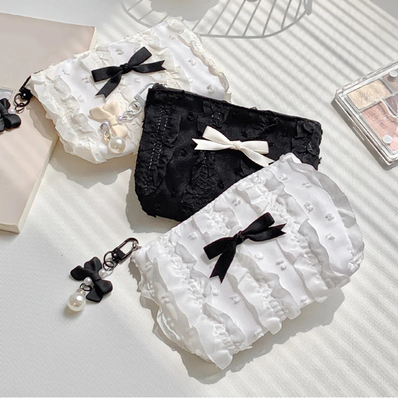 Cute Lace Bow Coin Purse Portable Cosmetic Storage Clutch Bag For Key Makeup Lipstick Pouch Earphone Key Card Storage Zipper Bag R250624