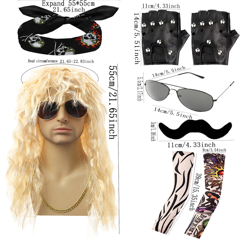 Punk Rock Heavy Metal Fashion Wigs Cool Glasses Bandanas Beards, Tattoo Sleeves, Long Curved Wigs for Holiday Shows Punk Gloves, Vintage Punk Themed E