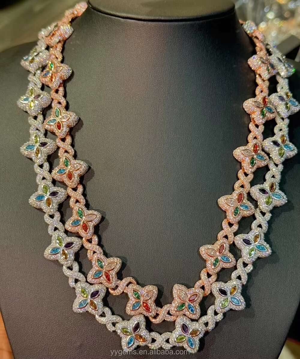 Yu Ying Custom Marquise Cut Fancy Colors Moissanite Real Gold Plated S925 Silver Cuban Link Chain Necklace Hip Hop Jewelry