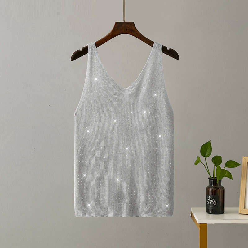 2023 Summer New Ice Silk Knitted Camisole with Shiny Thread Rhinestones, V-neck, Solid Color, Slim Fit, Sexy and Fashionable Tank Top