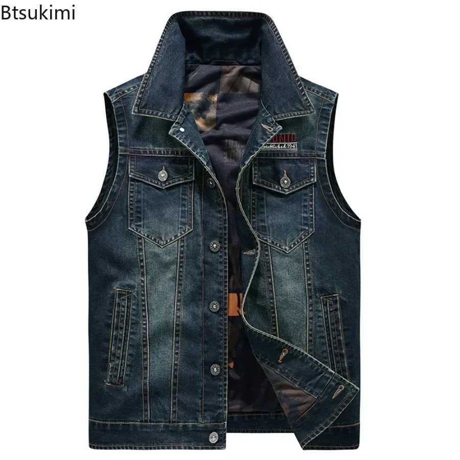 Mens Denim Vest Fashion Print Hip Hop Cowboy Waistcoat Multi-pocket Casual Motorcycle Style Sleeveless Jeans Jacket for Men 250617