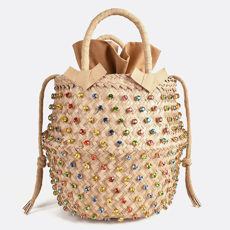 VIP Buy Summer Holiday Beach Bag with Pearl Ladies Woven Bucket Diamond ner Handbags 250624