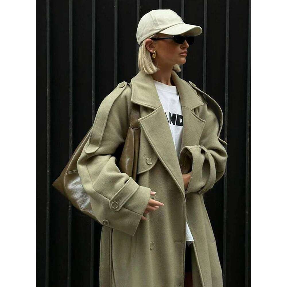 Lapel Woolen Long Coat Women Casual Double Breasted Pockets Shoulder Pads Female Coats 2024 Antumn Winter Thick Warm Lady Jacket