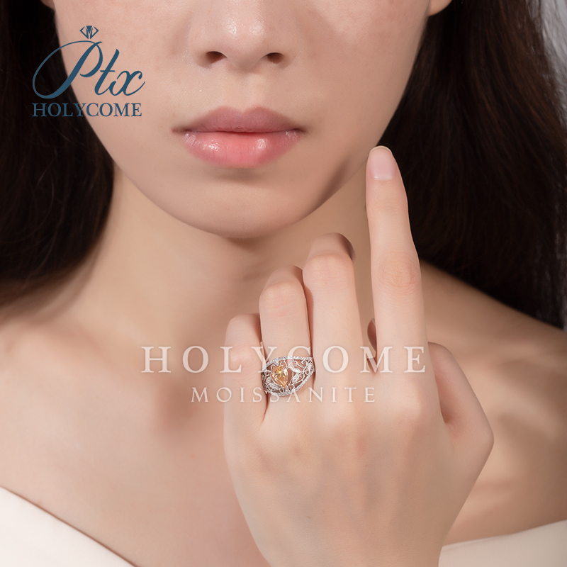 Classic Fine Jewelry 1Ct Moissanite Pear Champagne 925 Sterling Silver Wedding Ring Rhodium Plated Parties Anniversaries Ring for Women