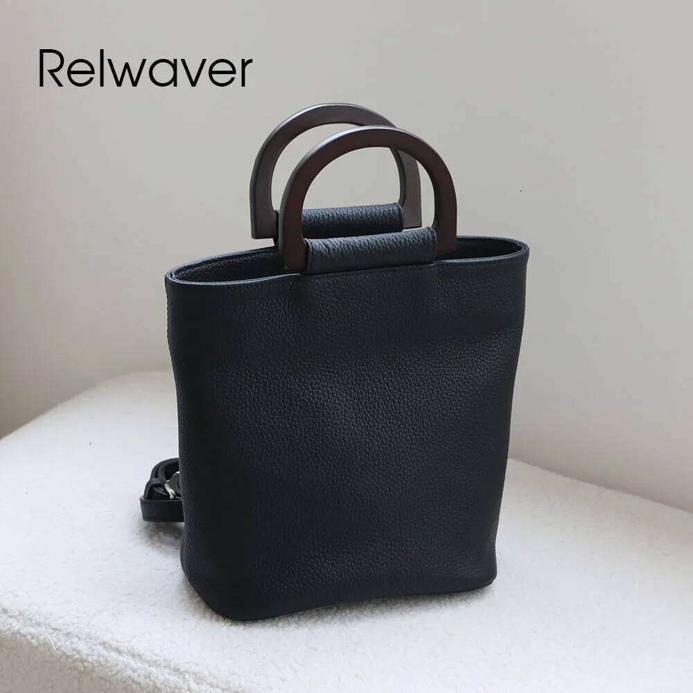 Luxury Designer bags Relwaver women tote genuine leather bucket 2005 autumn winter small shoulder wooden handle cross body bag