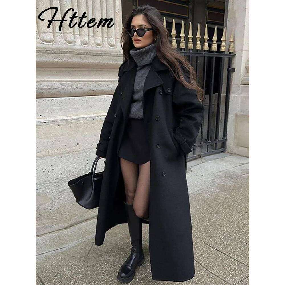 Elegant Wool Blends Long Coats Women With Belt Lapel Double Breasted Full Sleeve Coat Female 2025 Autumn Lady Outwears