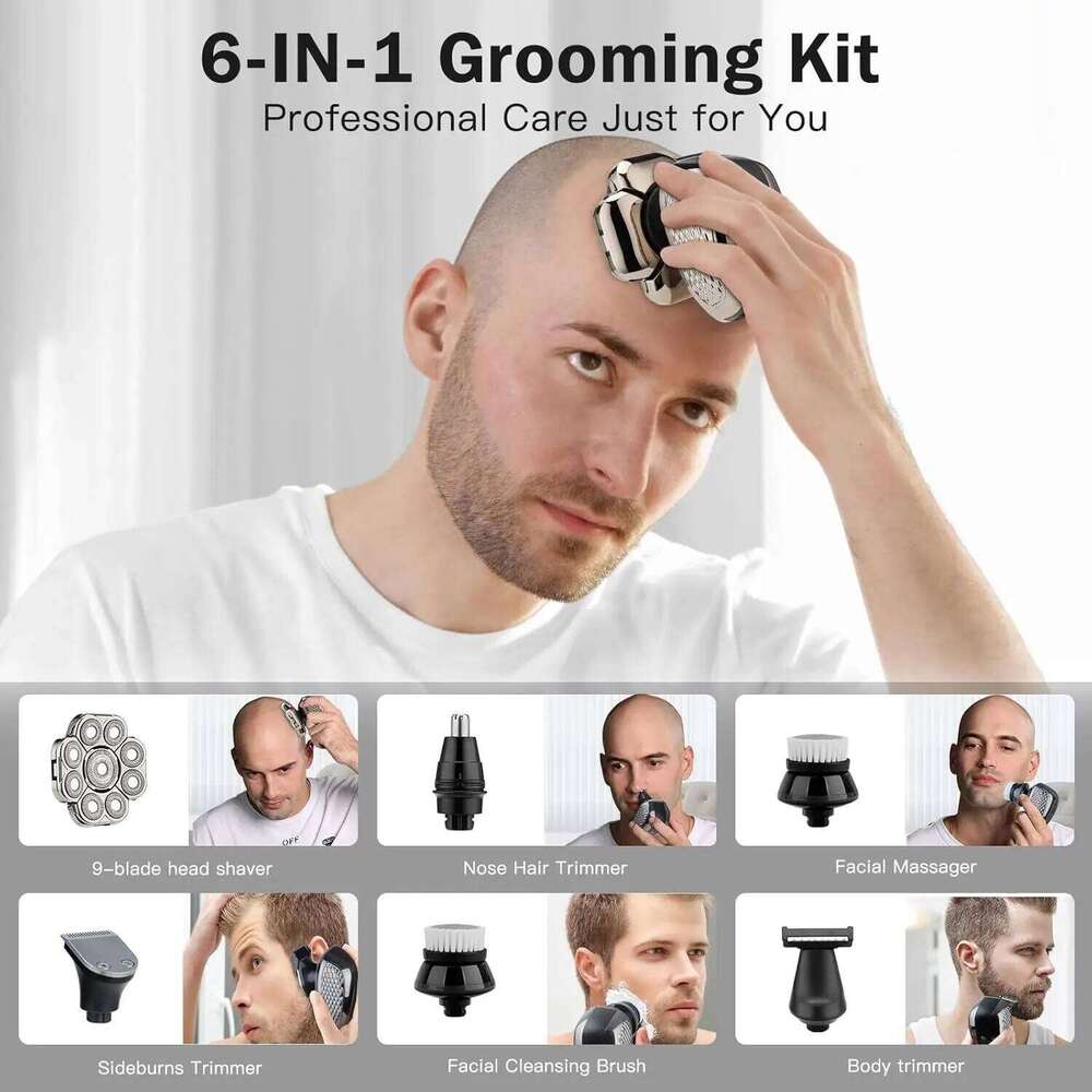 Men's Bald Head Electric Shaver 9 Blades Floating 6 In 1 Heads Beard Nose Ear Hair Trimmer Facial Brush USB Rechargeable Razor
